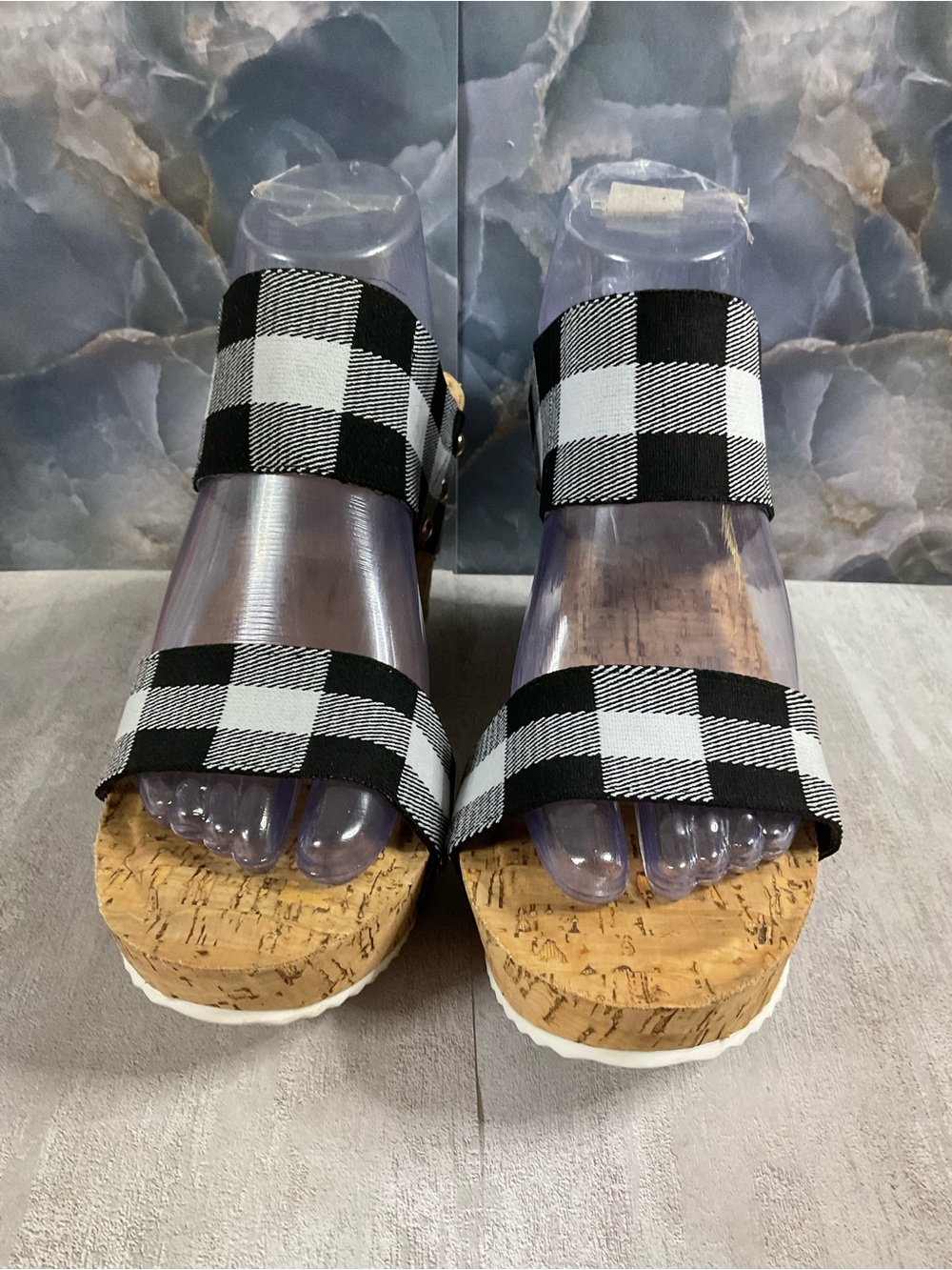 C EST 1946 Black & White Buffalo Plaid Cork Wedge Sandals Size 9M